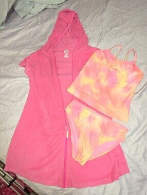 Girls Hot Pink Hooded Terry Zip Swim Cover Up + Tie Dye 2pc Tankini Swimsuit Set